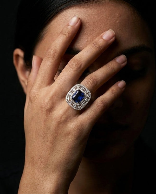 Silver-Plated Marquise Halo Cluster Ring