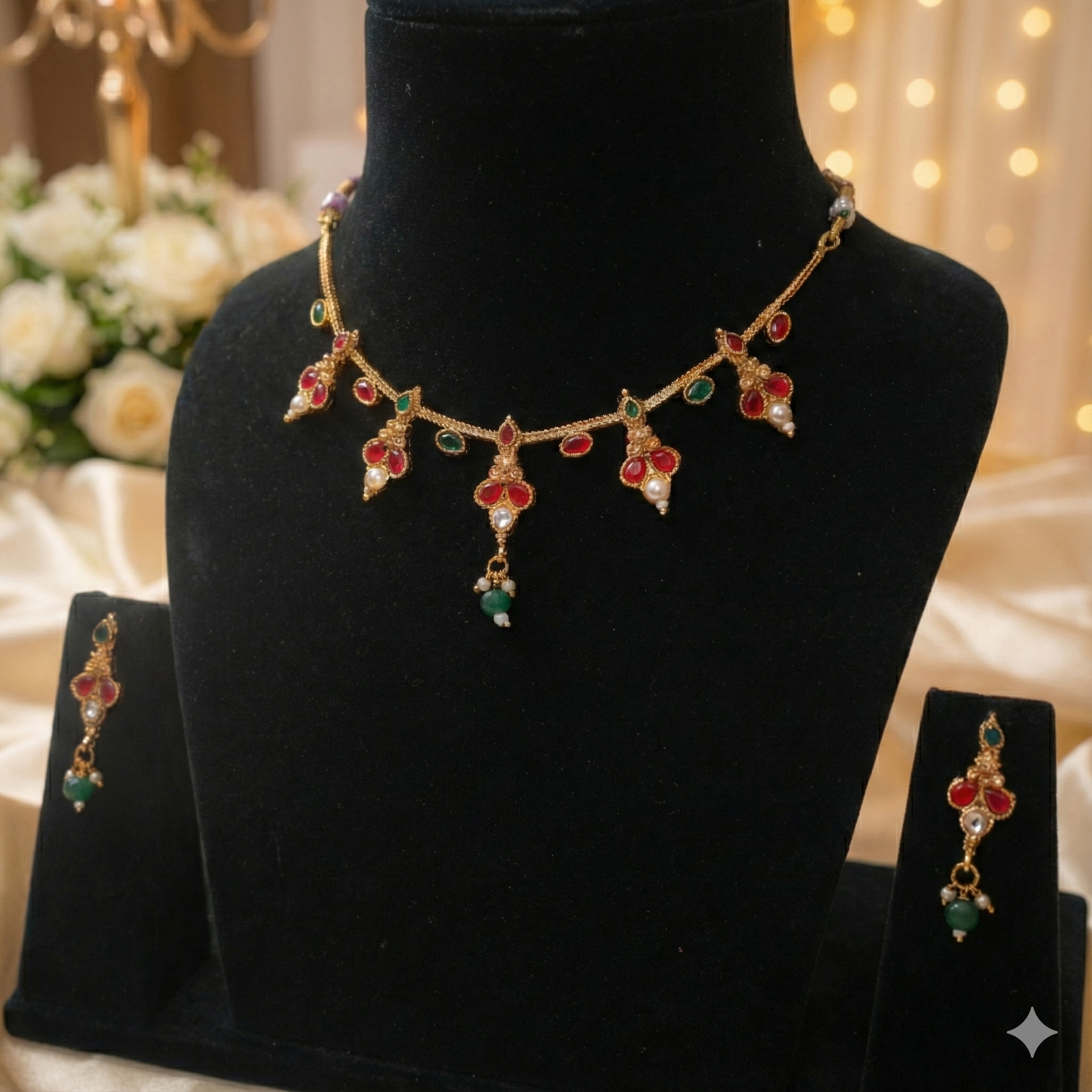 Premium 100% Copper Necklace Set with Floral Charms & Green Beads | Red & Green Stones