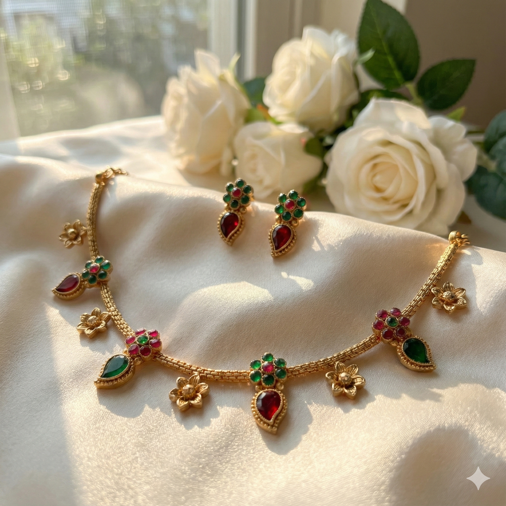Premium 100% Copper Floral Necklace Set with Red & Green Stones | Gold Plated Jewellery