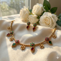 Premium 100% Copper Floral Necklace Set with Red & Green Stones | Gold Plated Jewellery