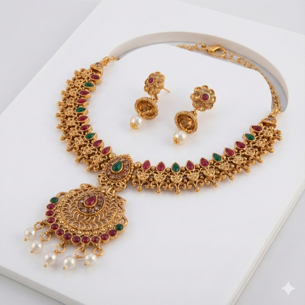 Traditional Imitation Golden Necklace Set | Gold Plated Artificial Jewellery for Wedding