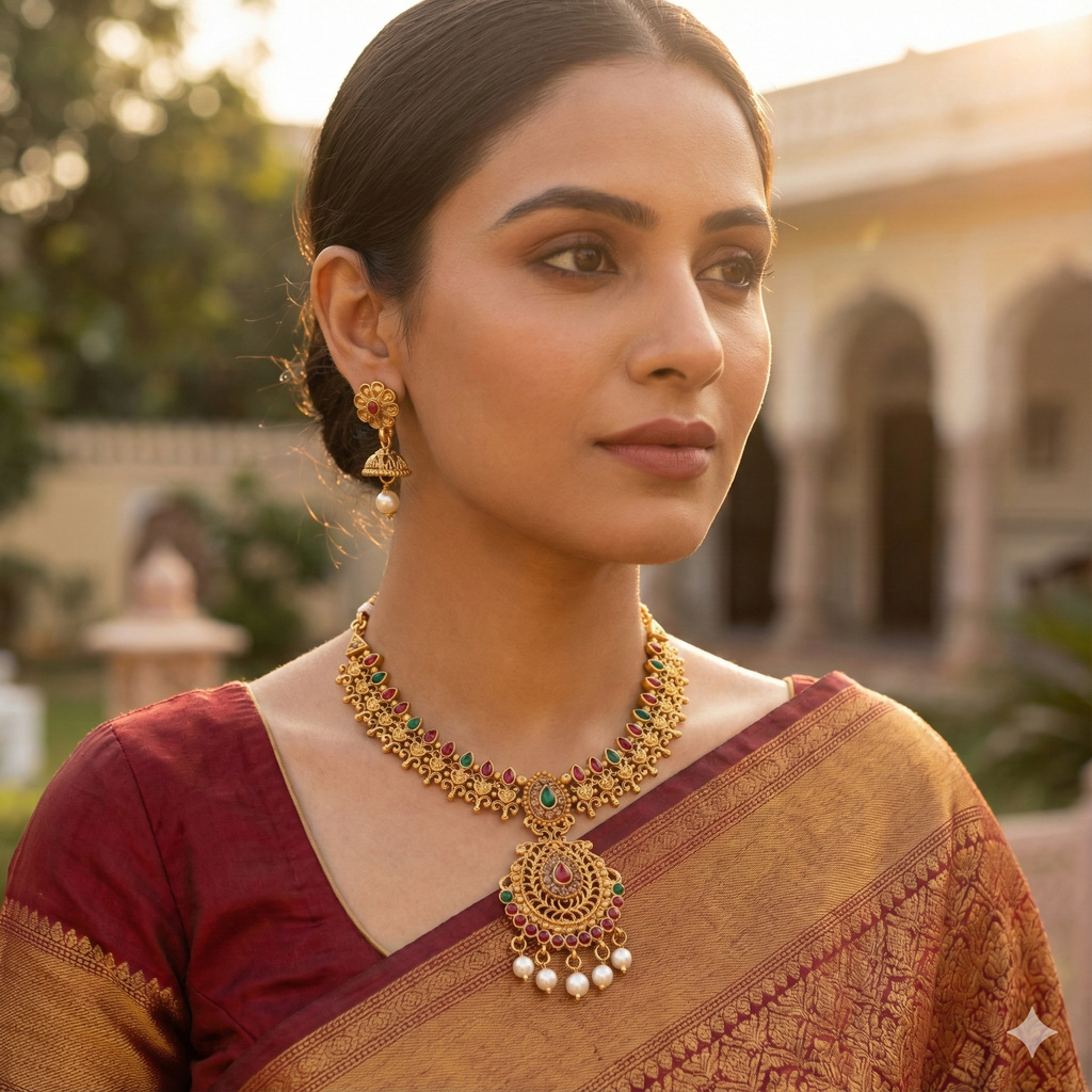 Traditional Imitation Golden Necklace Set | Gold Plated Artificial Jewellery for Wedding