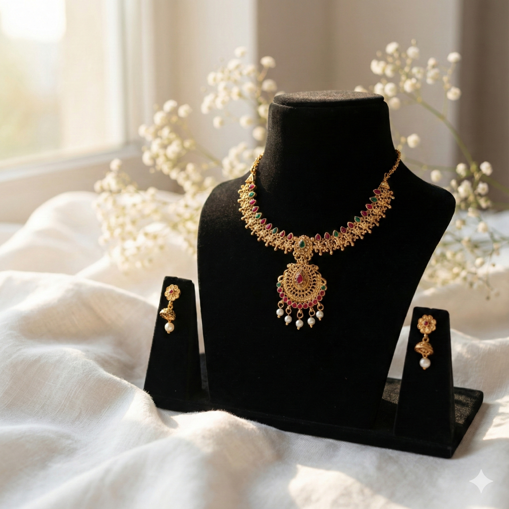 Traditional Imitation Golden Necklace Set | Gold Plated Artificial Jewellery for Wedding