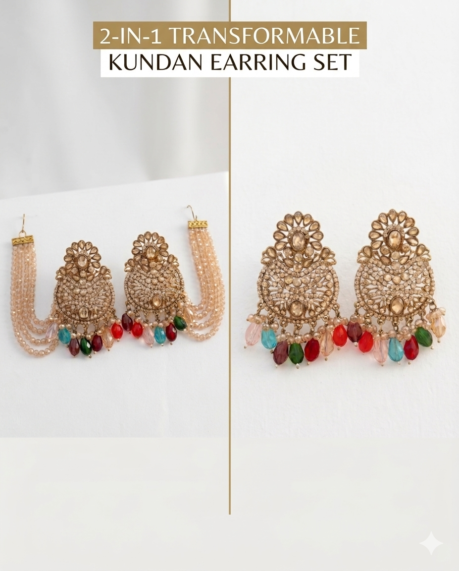 2-in-1 Transformable Kundan Earring Set - Golden Imitation Jewelry with Chain & Multicolor Beads