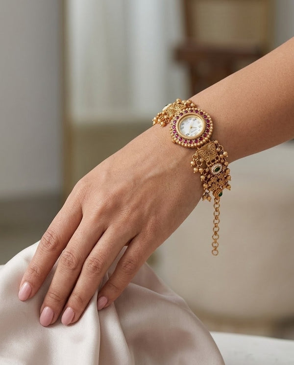 Kashmiri Kundan Meenakari Bracelet Watch – Antique Matte Gold Finish