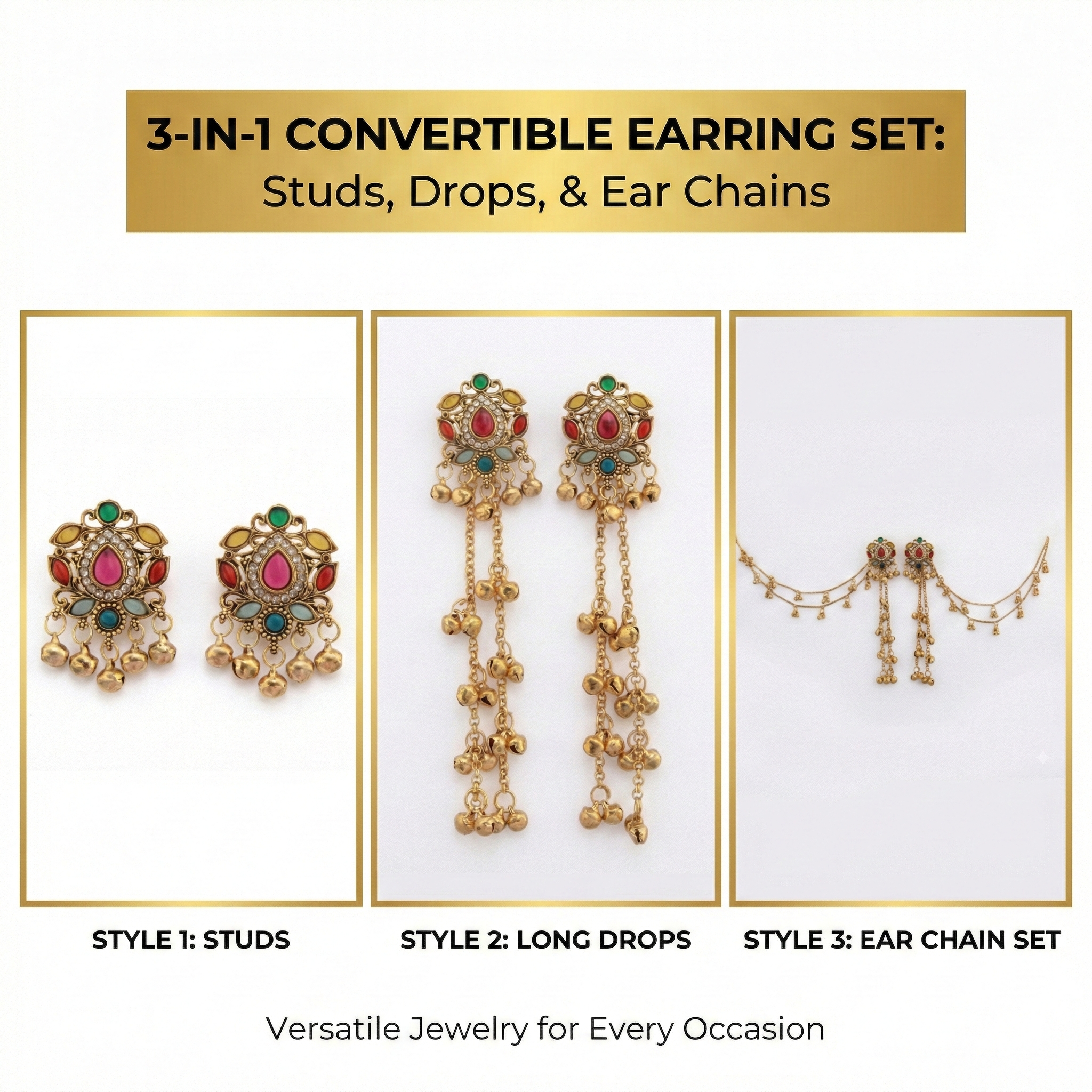 3-in-1 Convertible Earring Set - Gold Plated Studs Drops Ear Chains