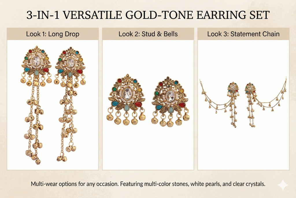 3-in-1 Convertible Earring Set - Gold Plated Studs Drops Ear Chain