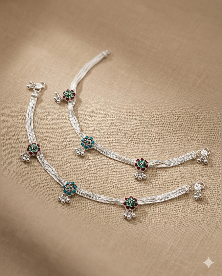 Multi-Strand Anklet with Turquoise Floral Accents & Ghungroo