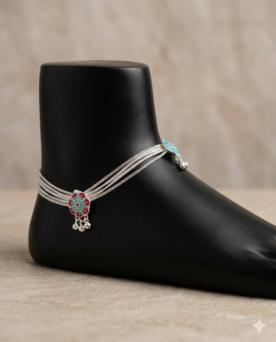 Multi-Strand Anklet with Turquoise Floral Accents & Ghungroo