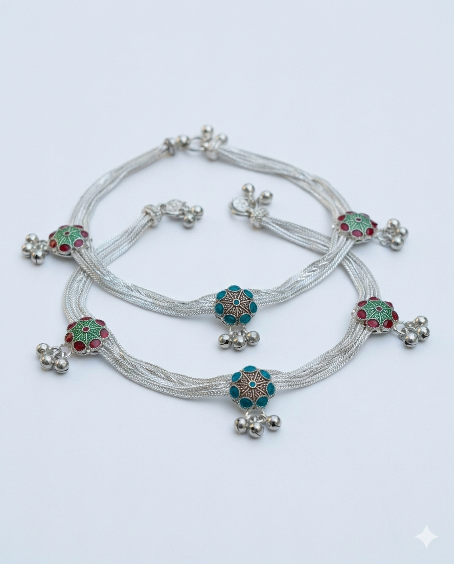 Multi-Strand Anklet with Turquoise Floral Accents & Ghungroo