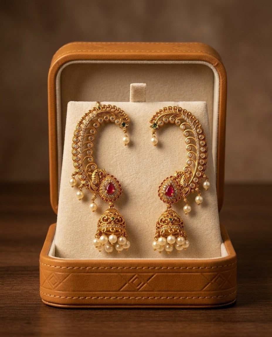 Gold Plated Peacock Kemp Jhumka Earcuffs