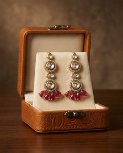 Gold-Plated Kundan Maroon Teardrop Ruby Earrings