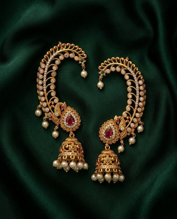 Gold Plated Peacock Kemp Jhumka Earcuffs
