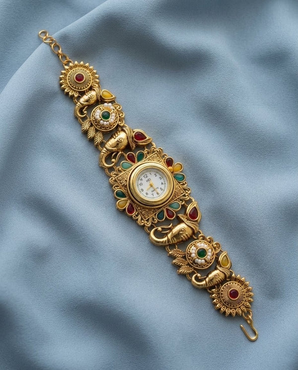 Antique Gold Rajwadi Kundan Watch Bracelet