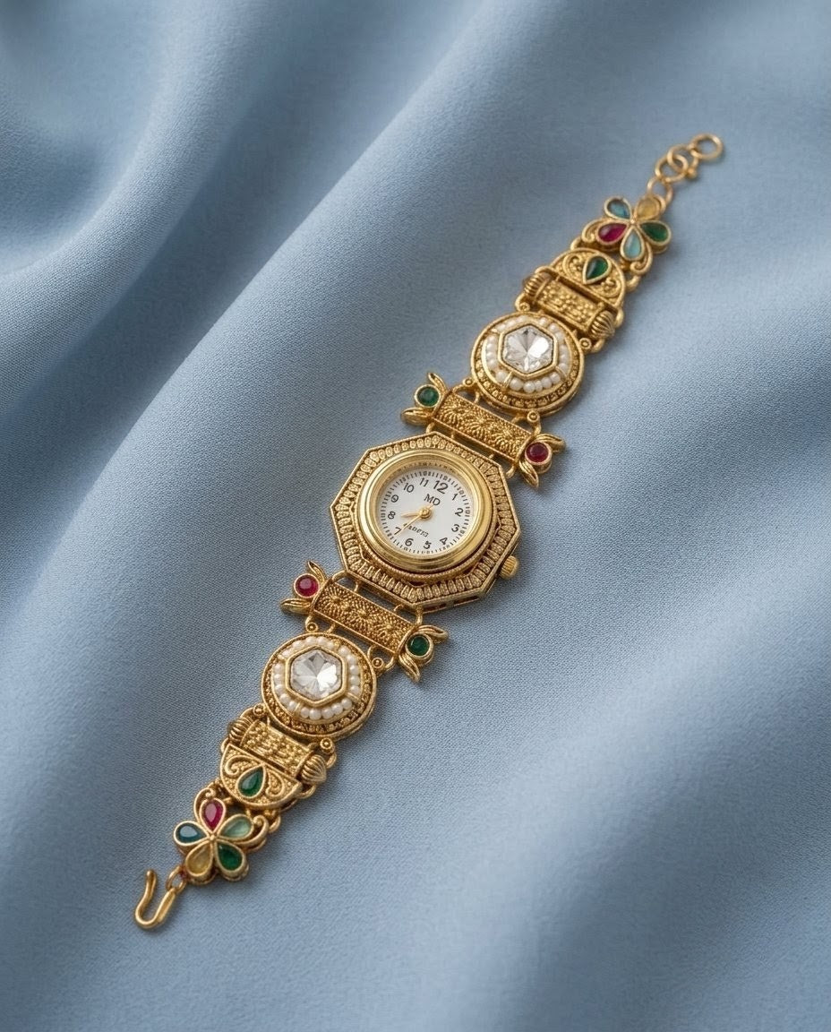 Antique Gold Rajwadi Kundan Watch Bracelet