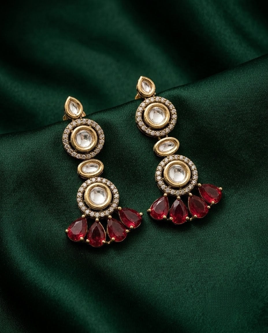 Gold-Plated Kundan Maroon Teardrop Ruby Earrings