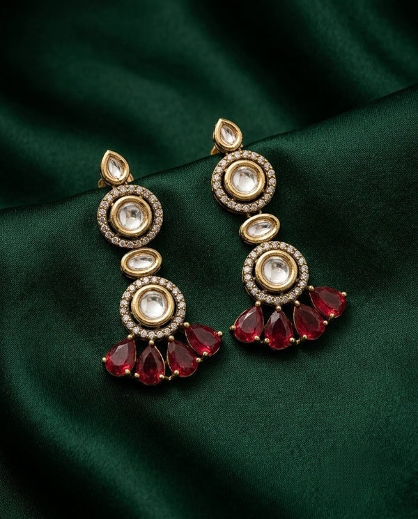 Gold-Plated Kundan Maroon Teardrop Ruby Earrings