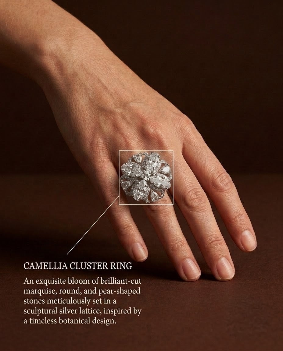 Silver-Plated Marquise Floral Halo Cluster Ring