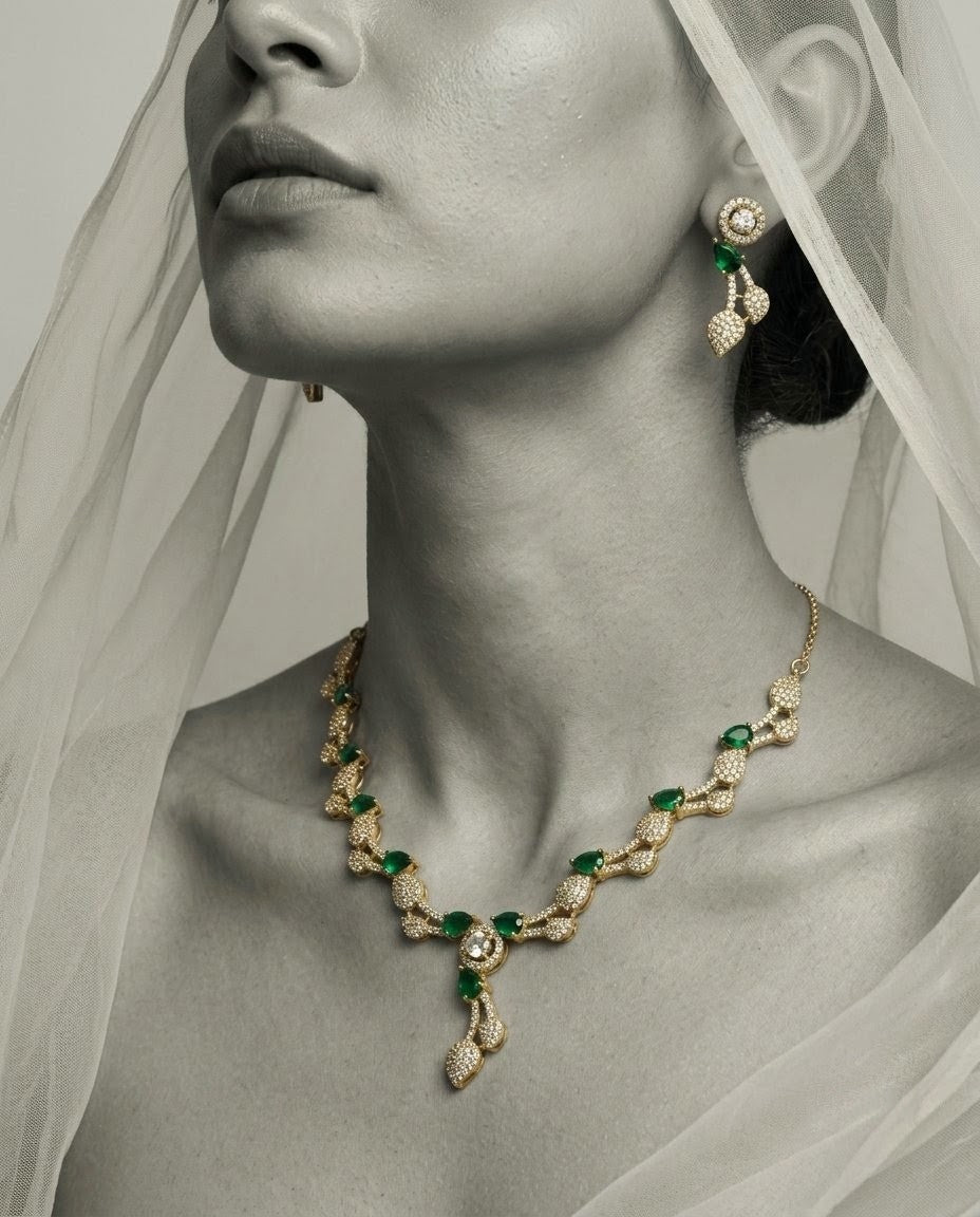 Emerald Green Leaf Vine AD & CZ Necklace Set