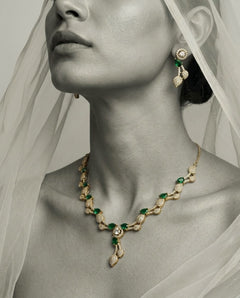 Emerald Green Leaf Vine AD & CZ Necklace Set