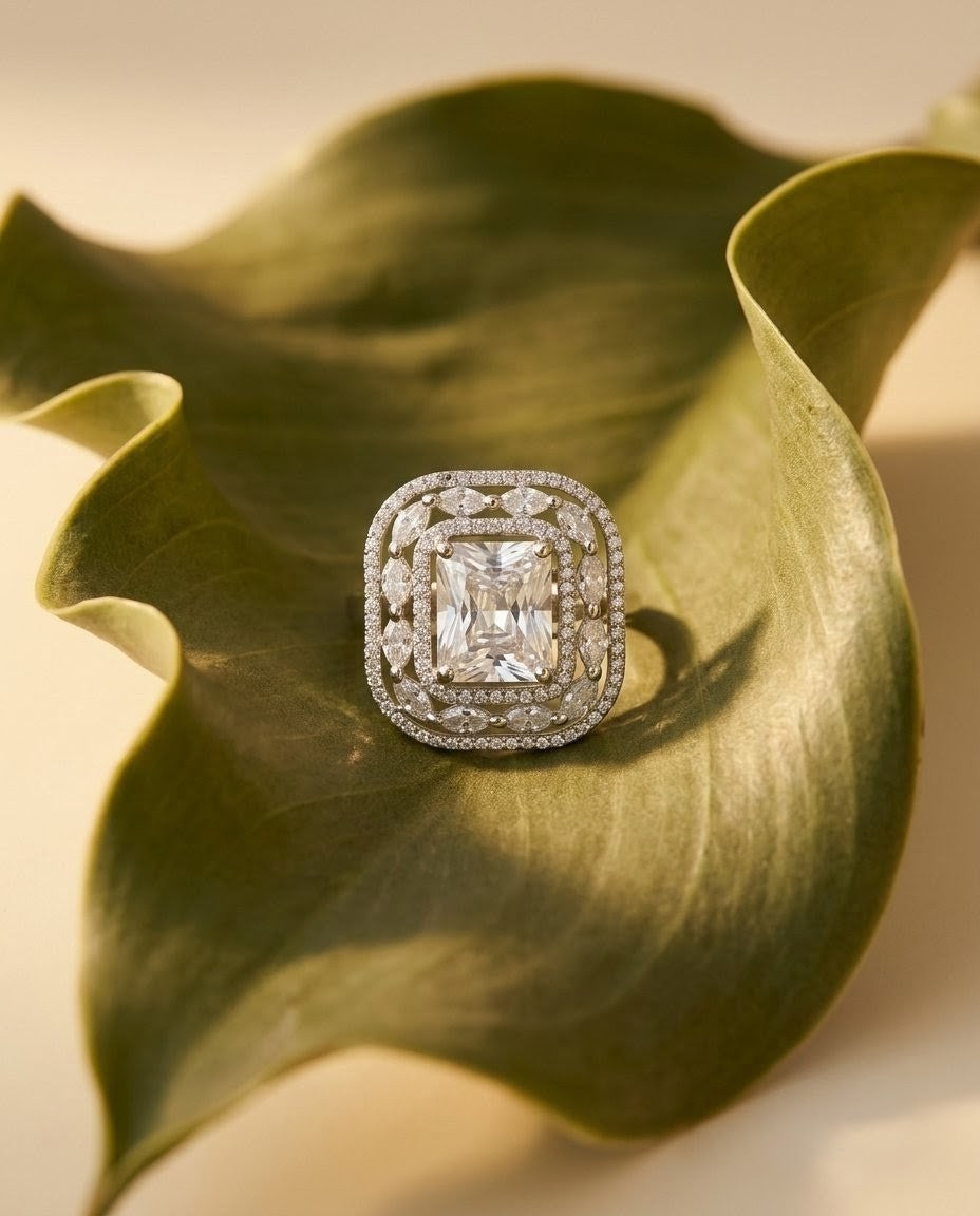 Silver-Plated Marquise Halo Cluster Ring