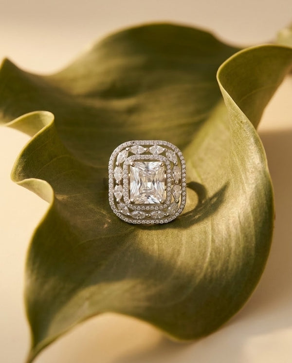 Silver-Plated Marquise Halo Cluster Ring