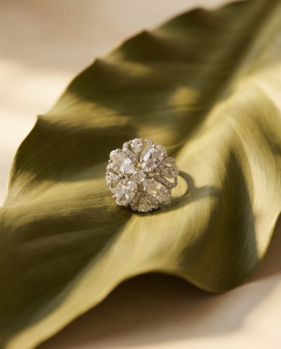 Silver-Plated Marquise Floral Halo Cluster Ring