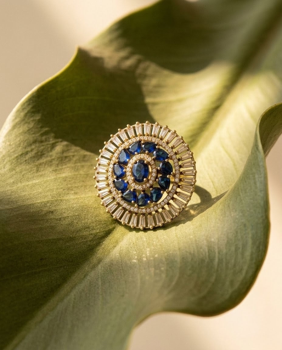 Gold-Plated American Diamond Sapphire Statement Ring