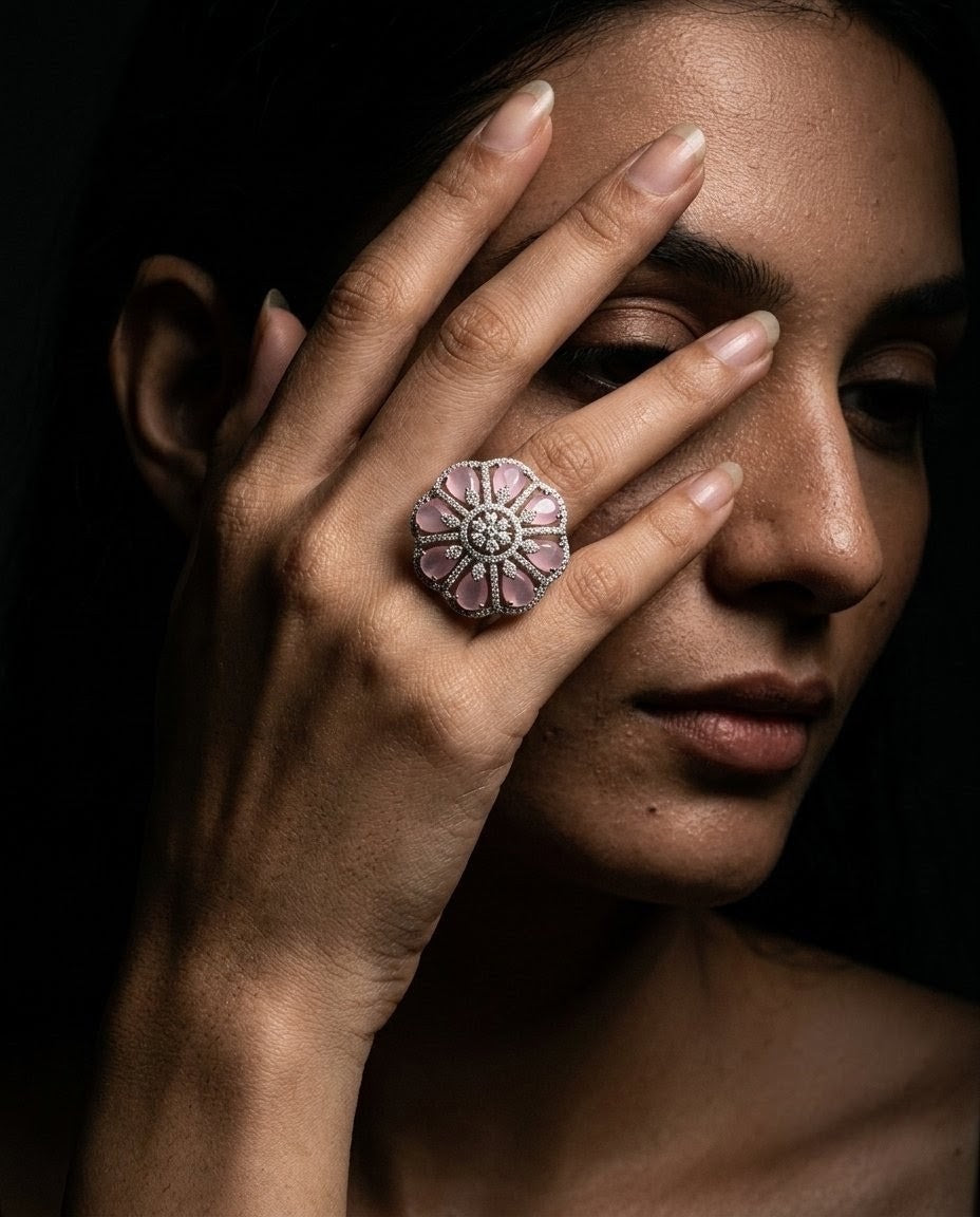 Silver-Plated Floral CZ Ring