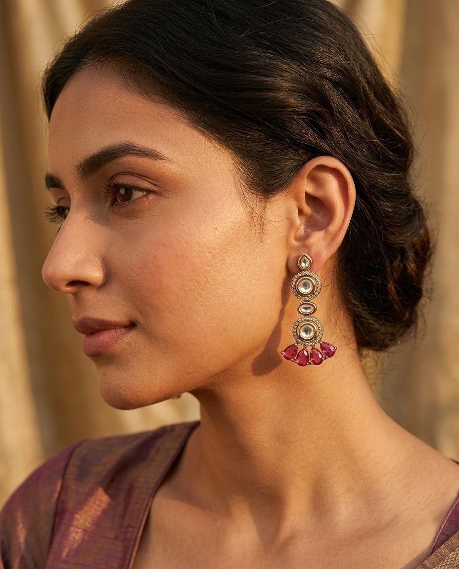 Gold-Plated Kundan Maroon Teardrop Ruby Earrings