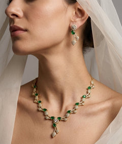 Emerald Green Leaf Vine AD & CZ Necklace Set
