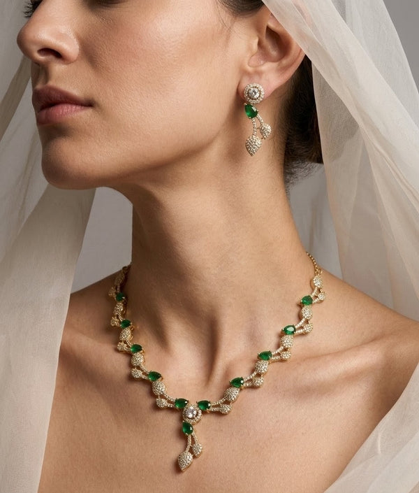 Emerald Green Leaf Vine AD & CZ Necklace Set