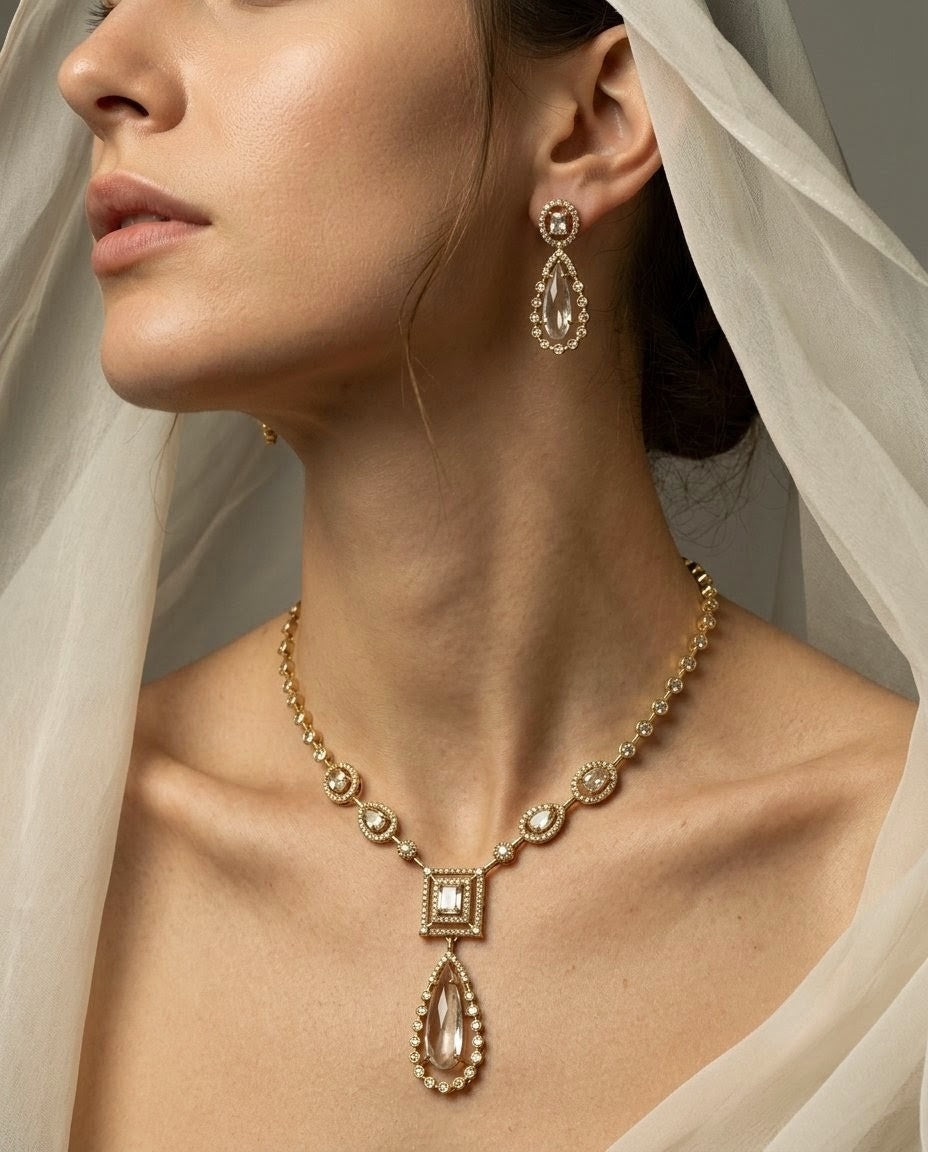 Gold-Plated AD Teardrop Pendant Necklace Set