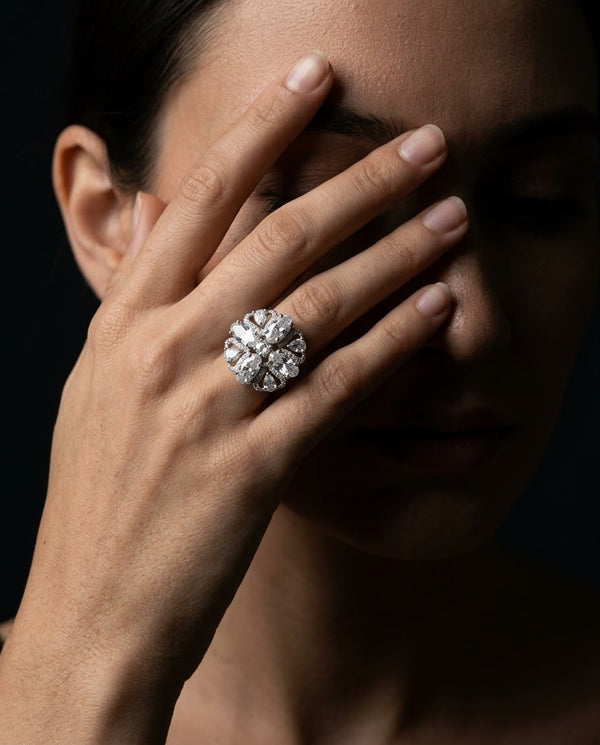 Silver-Plated Marquise Floral Halo Cluster Ring