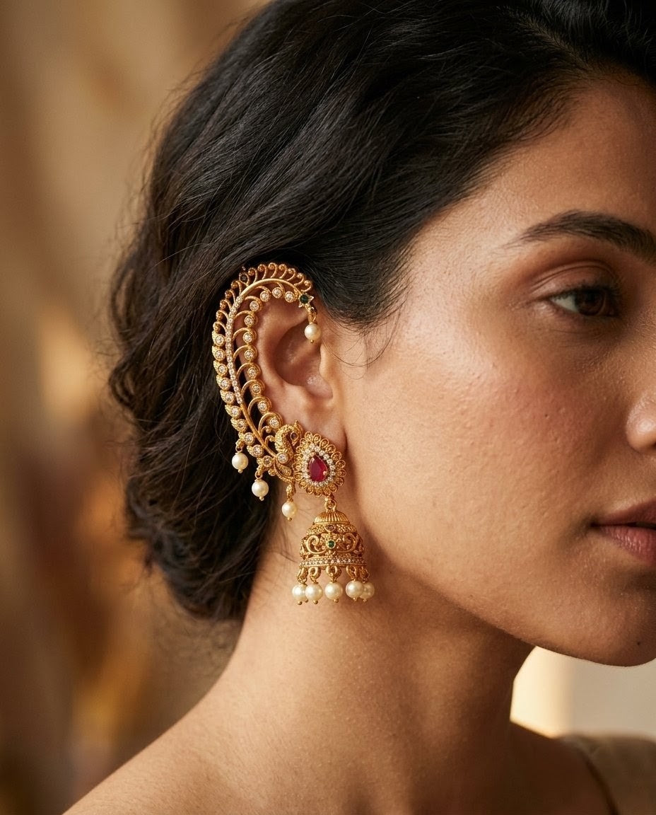 Gold Plated Peacock Kemp Jhumka Earcuffs