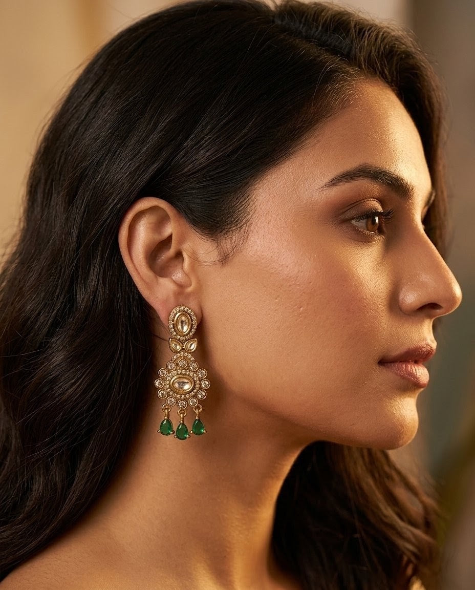 Gold-Plated Kundan Ruby Drop Earrings