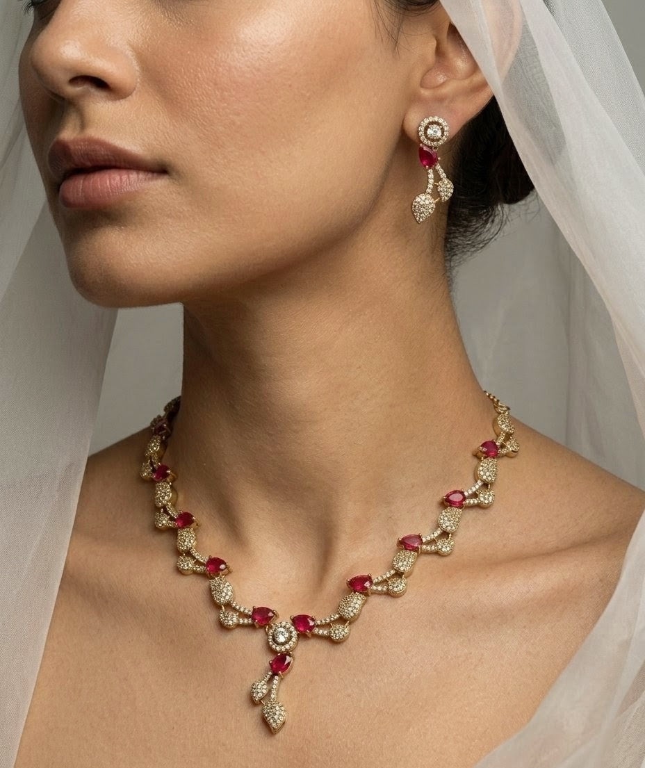 Emerald Green Leaf Vine AD & CZ Necklace Set