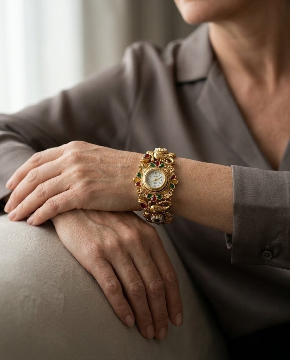 Antique Gold Rajwadi Kundan Watch Bracelet