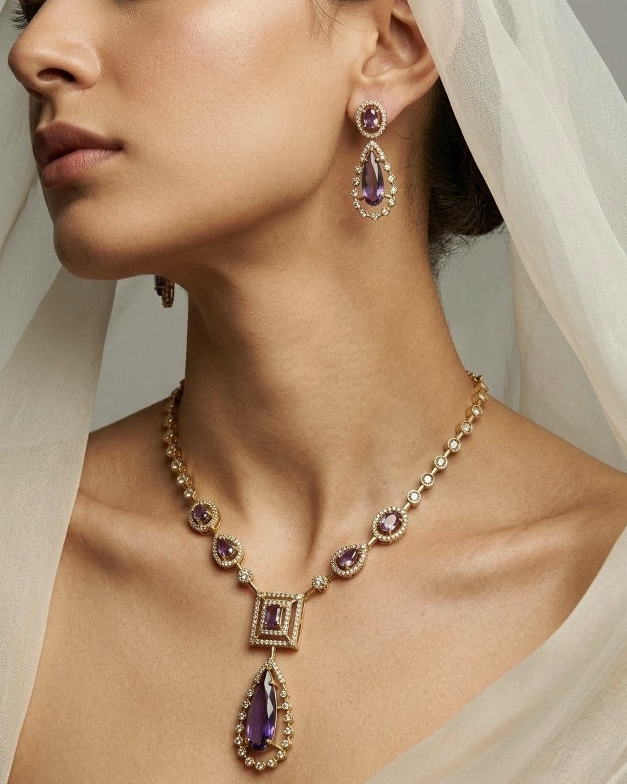 Gold-Plated AD Teardrop Pendant Necklace Set