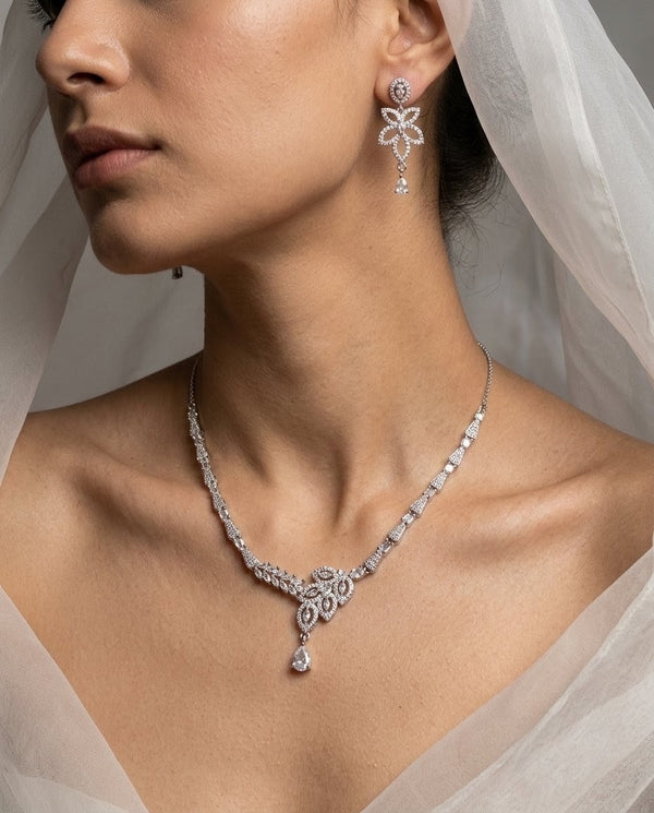 Silver-Plated Teardrop CZ Necklace & Earrings Set