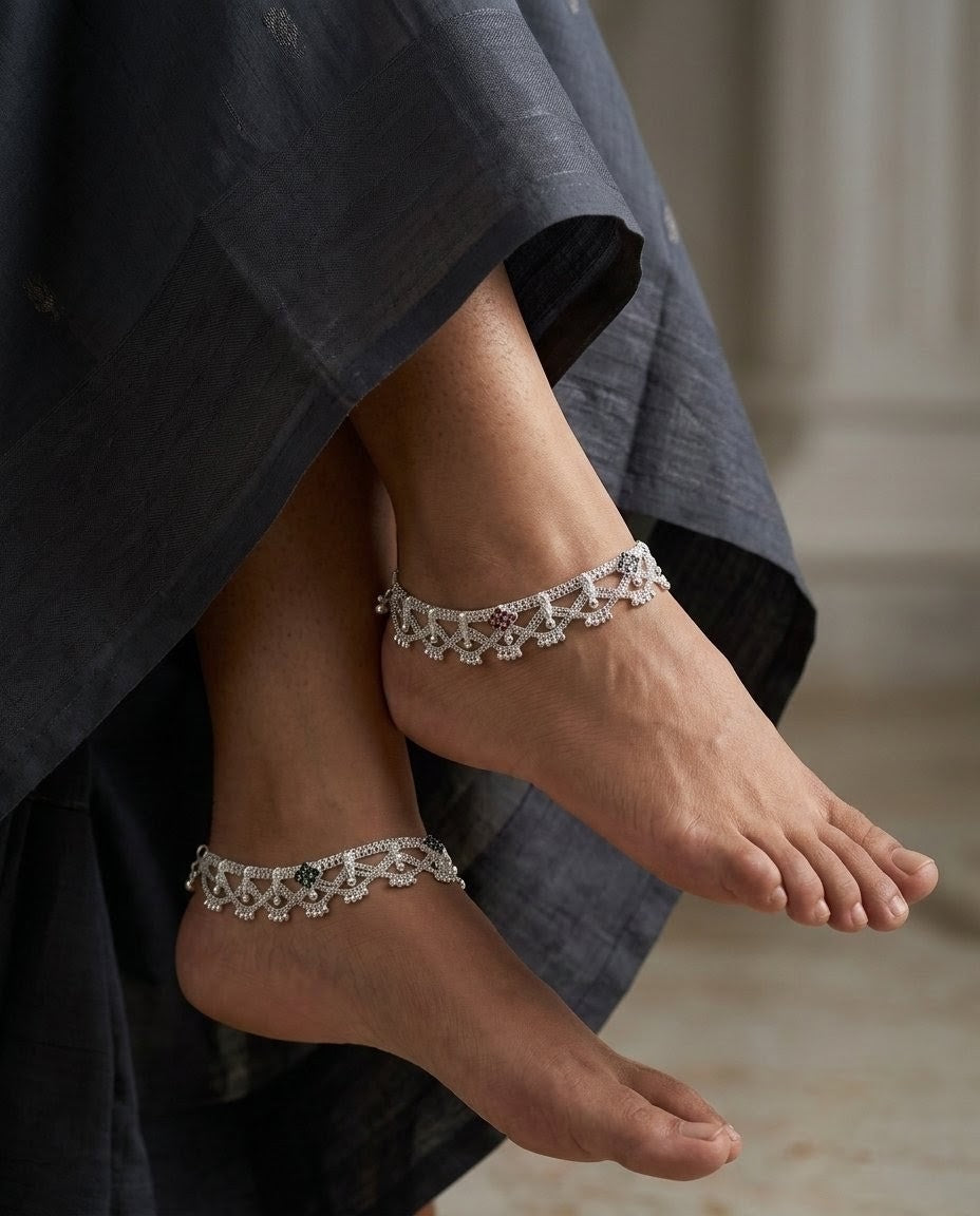 Silver-Plated AD Ghungroo Anklets