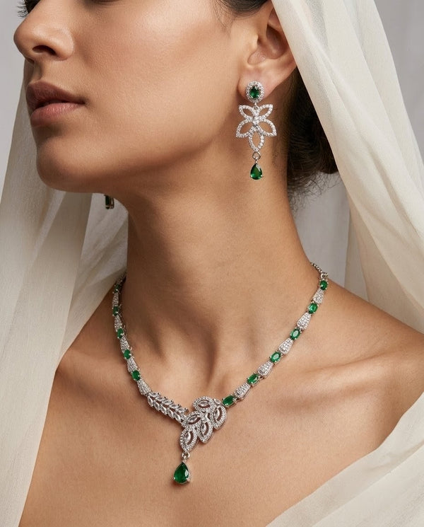 Silver-Plated Teardrop CZ Necklace & Earrings Set