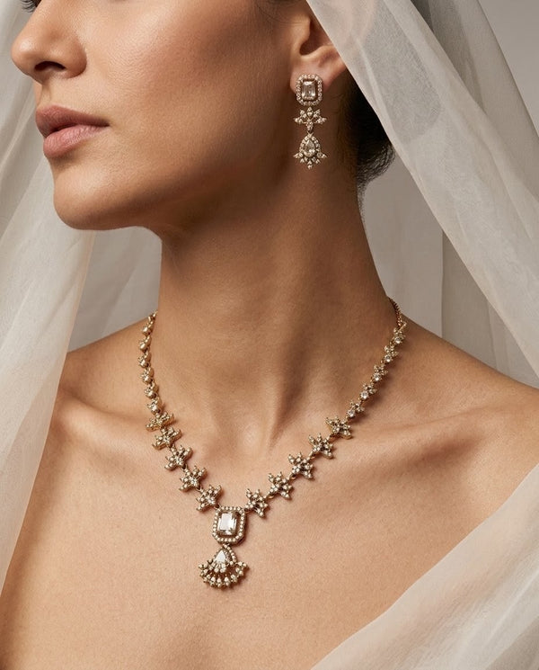 Gold-Plated AD & Emerald Stone Necklace Set