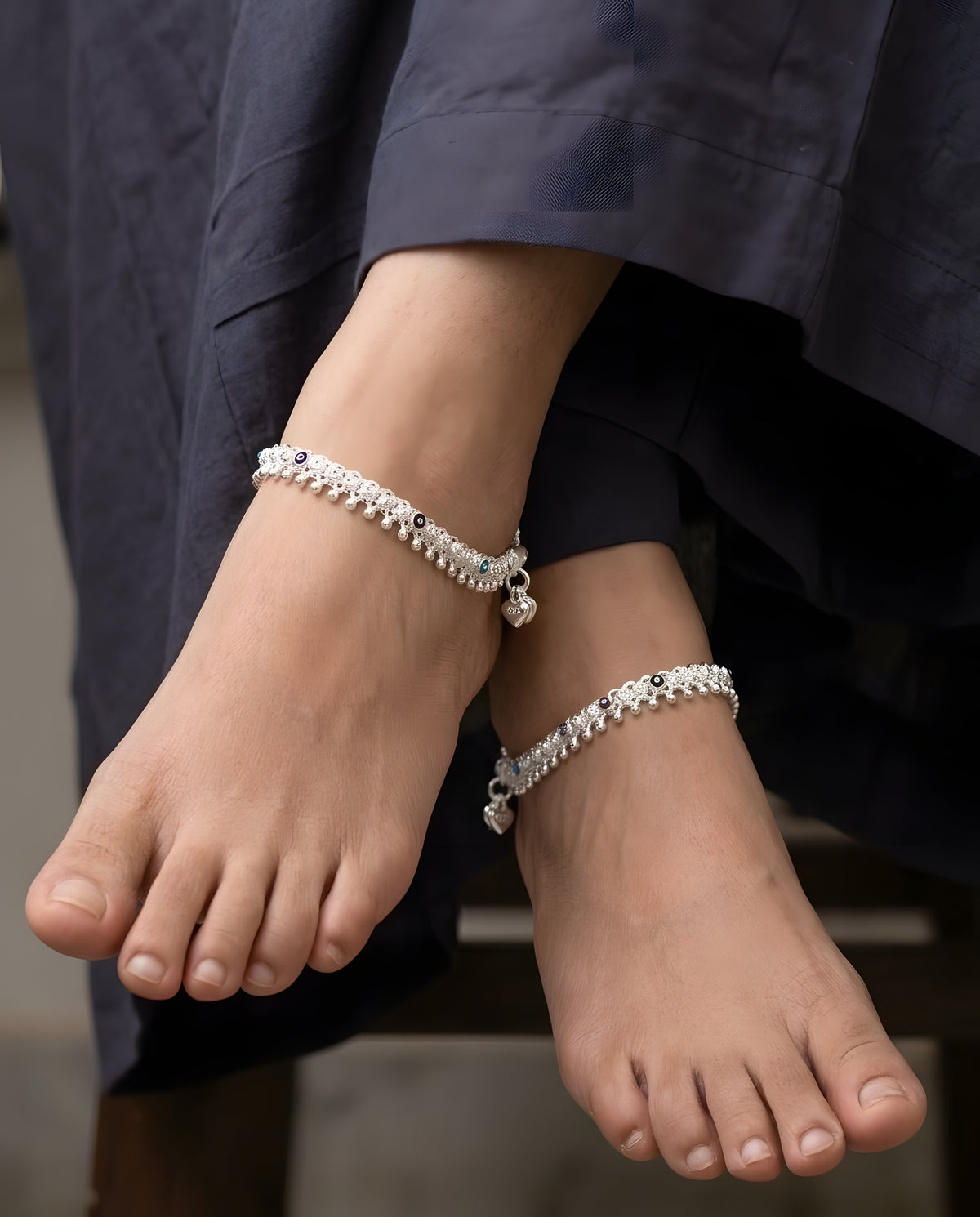 Silver-Plated Meenakari Ghungroo Anklets