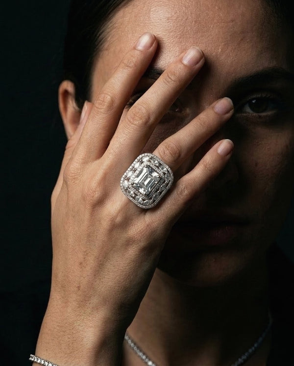 Silver-Plated Marquise Halo Cluster Ring