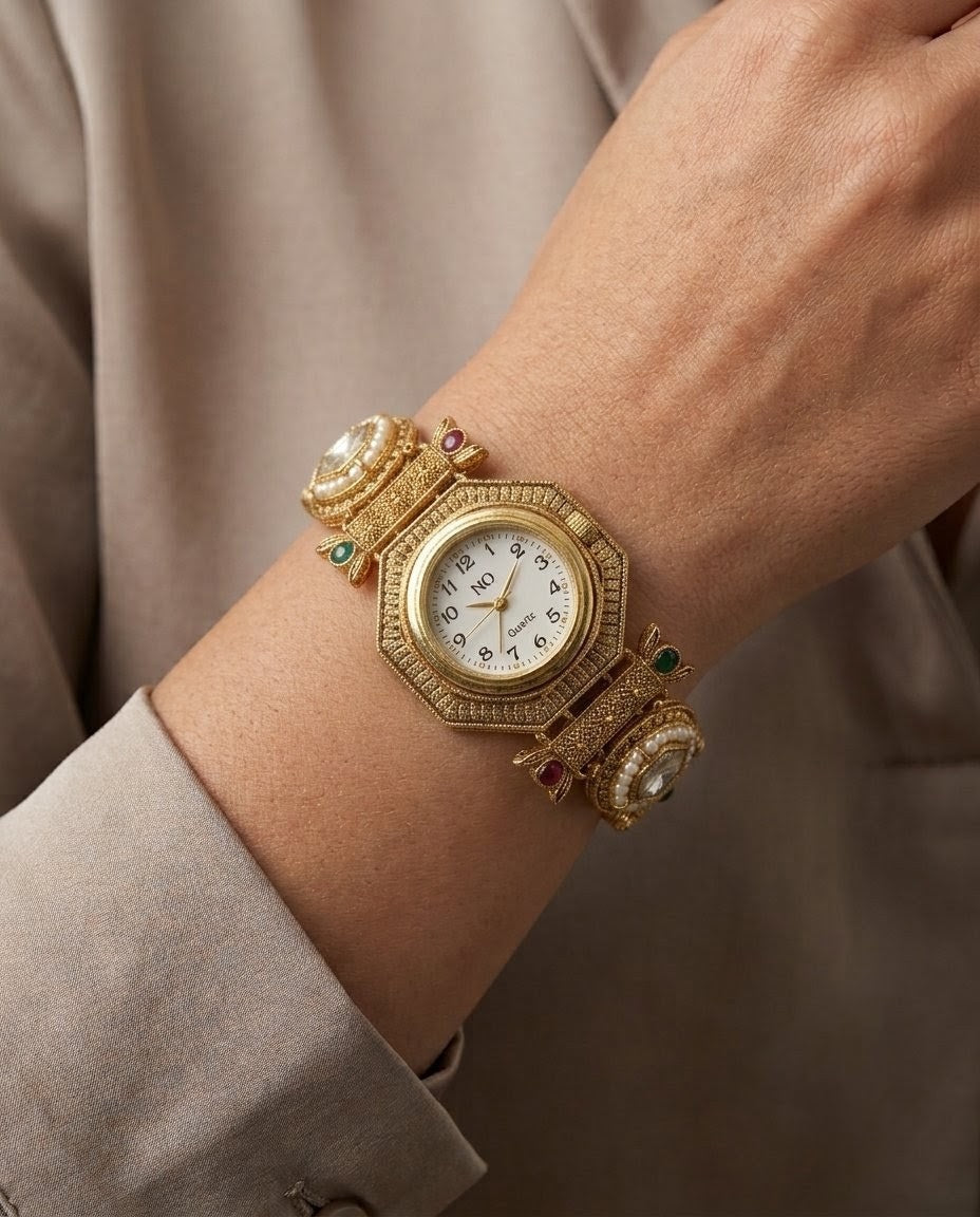 Antique Gold Rajwadi Kundan Watch Bracelet