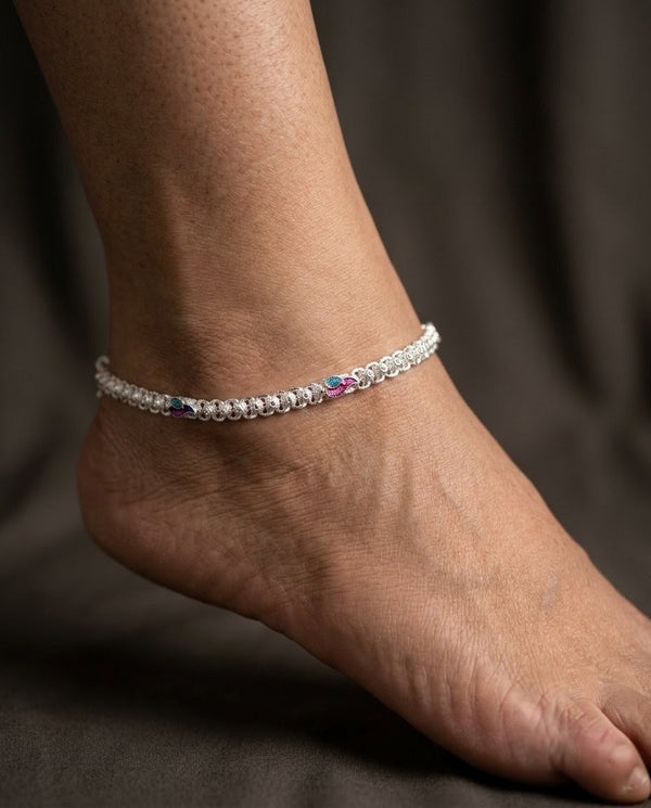 Silver-Plated Meenakari Ghungroo Anklets