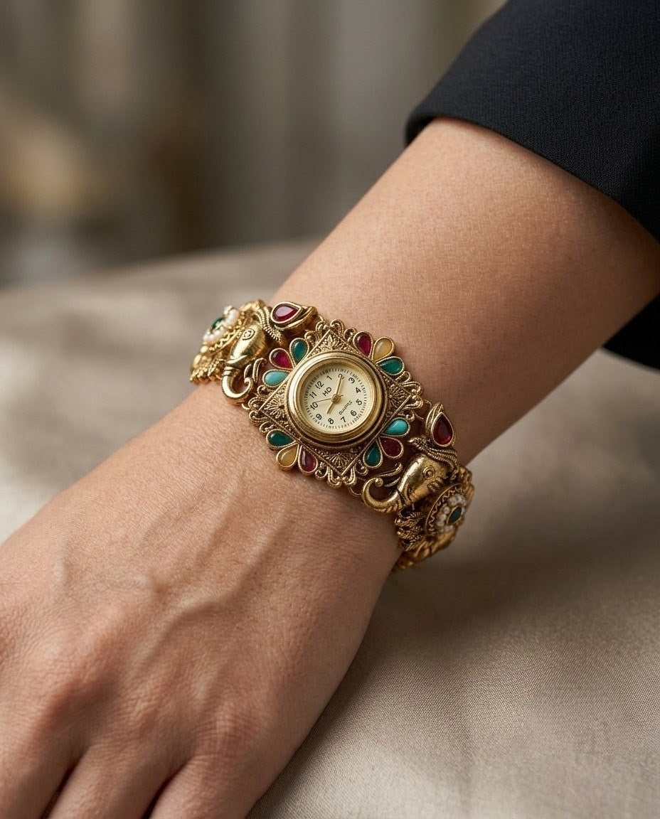Antique Gold Rajwadi Kundan Watch Bracelet