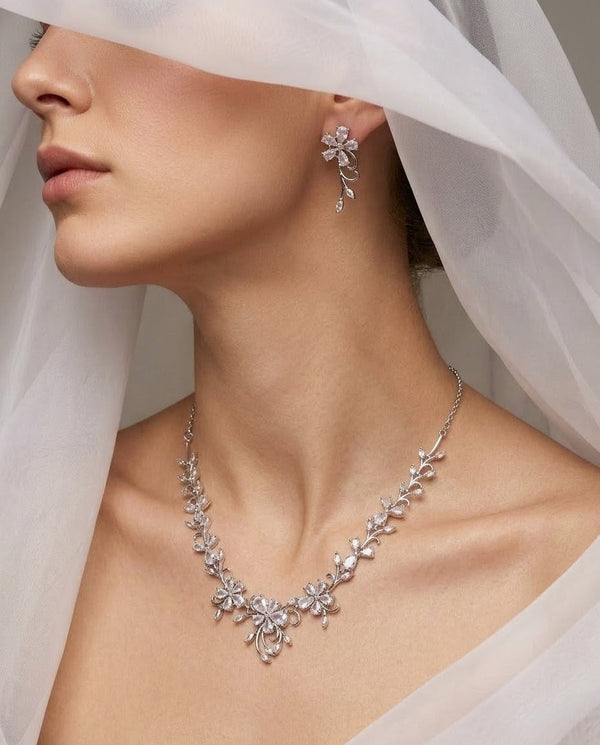 Silver-Plated Floral Pendant Necklace Set with American Diamond CZ