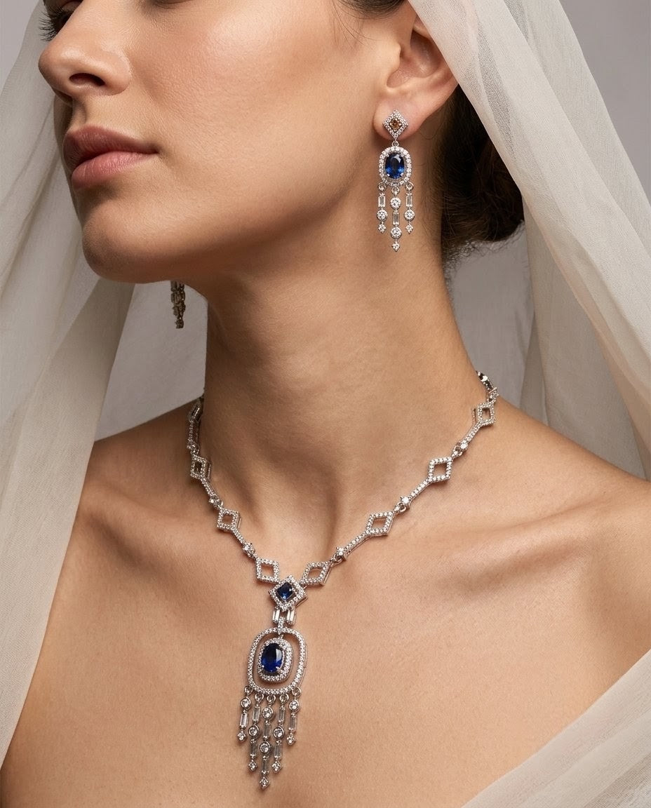 Silver-Plated American Diamond & Crystal Pendant Necklace Set